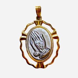 Vintage West Germany Praying Hands Pendant Charm Gold Tone Religious